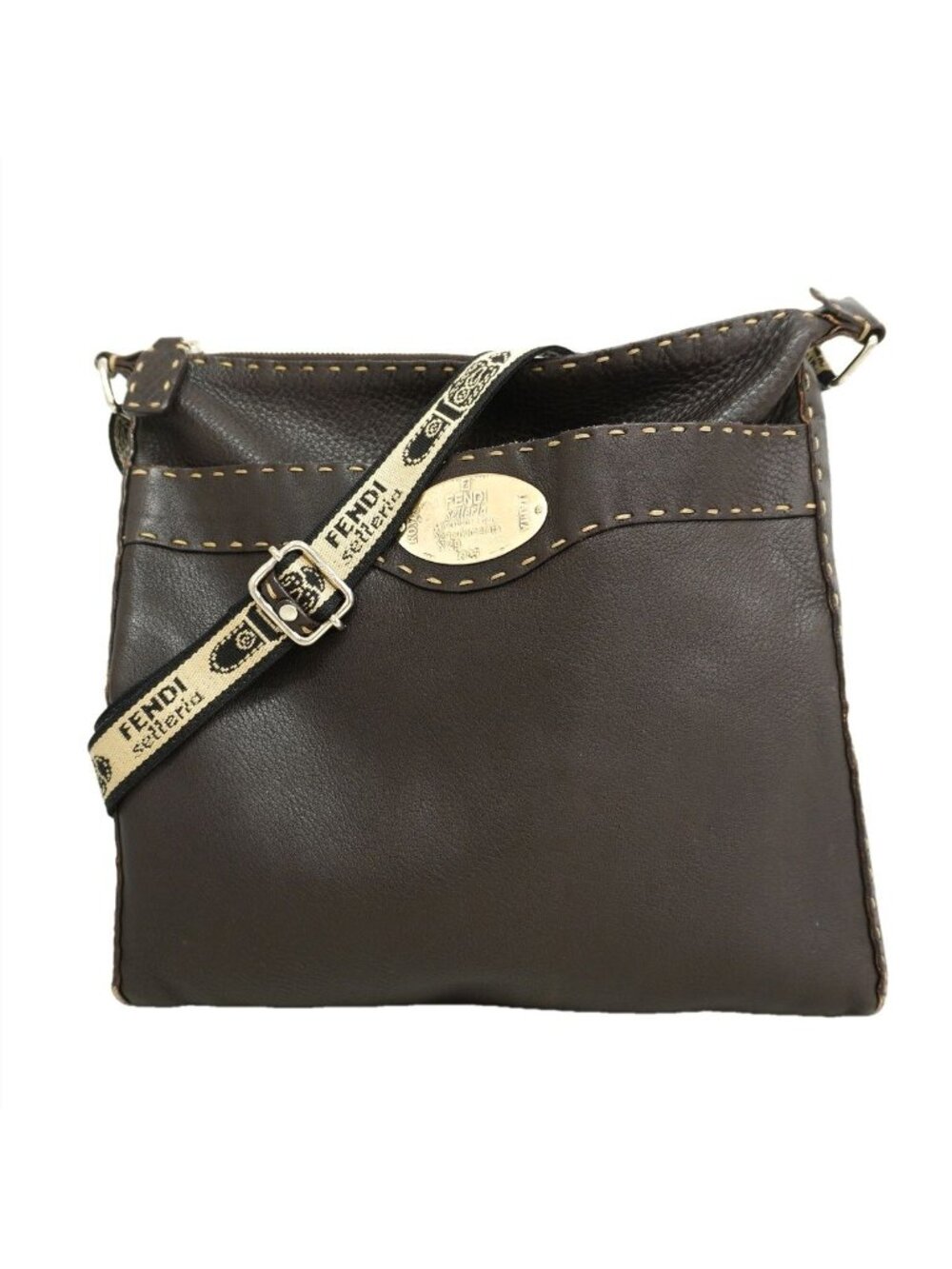 Fendi Shoulder Bag Selleria Leather Dark Brown Silver